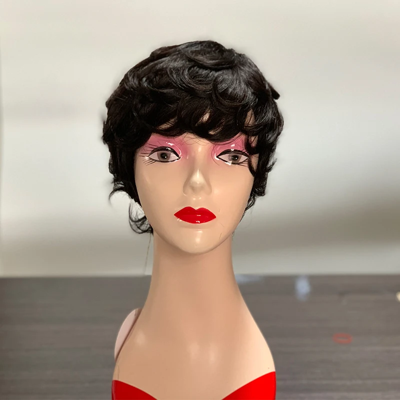 Machine made short wavy human hair wig with fringe