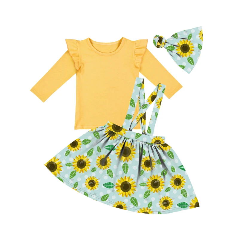 NEW custom prints styles Little girl overalls suspenders 2pc set  plus size long sleeve solid shirt with skirts two pieces sets