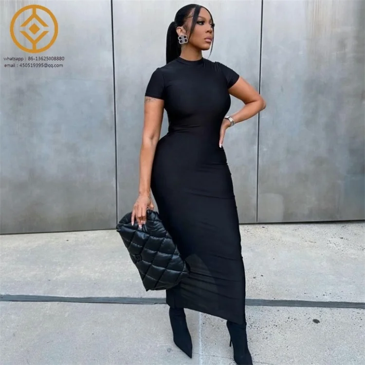 H1409C Elegant Solid Round Collar Short Sleeve Body-Shaping Maxi Dress for Women 2024 Spring Party Clubwear Harajuku Streetwear