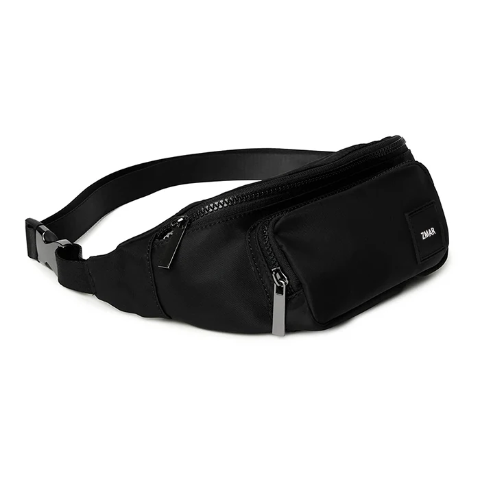 ZM-949 Custom Black Small Fanny Pack Rubber Patch Logo Unisex Gym Bag With Metal zipper