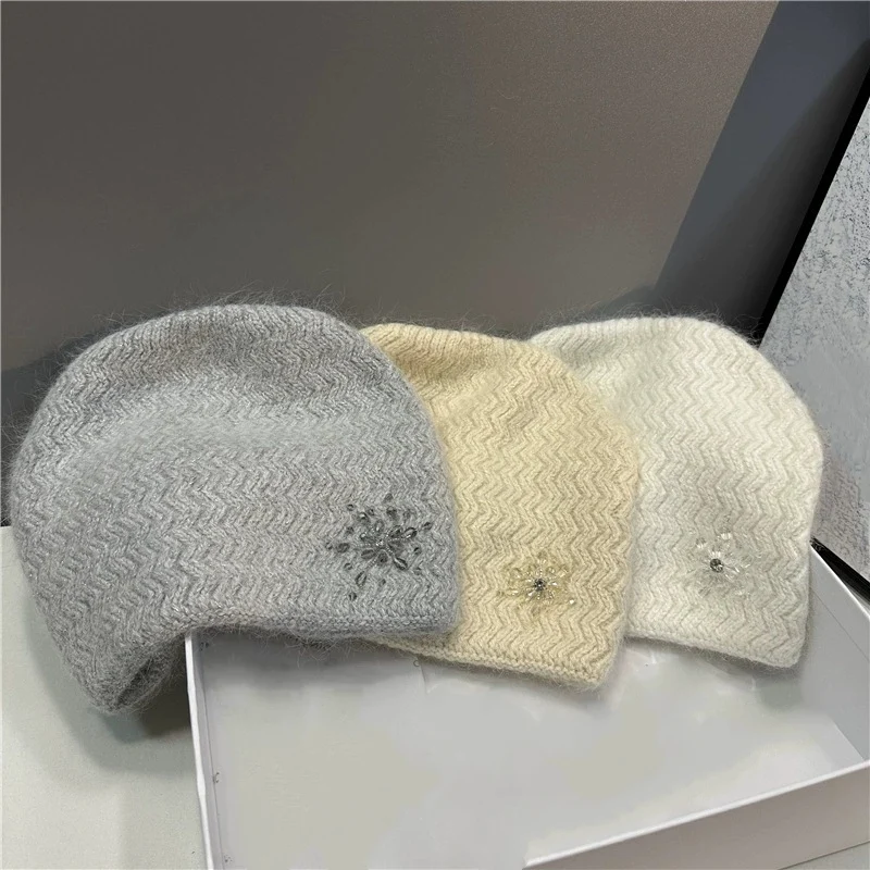 Diamond Flower Rabbit Hair Fashion Double Layer Thickened Knitted Hat Warm Wool Beanie