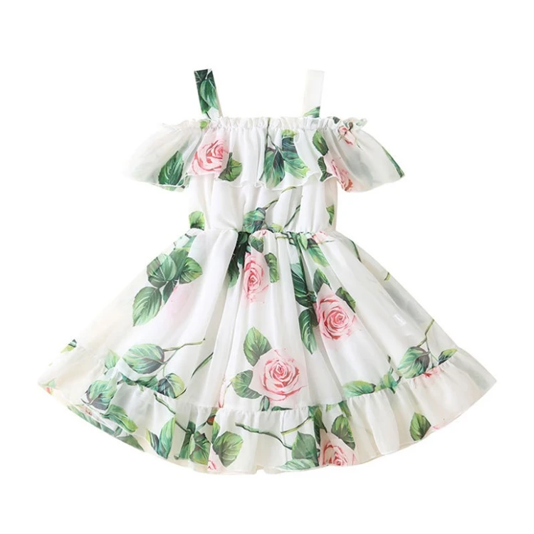 New Baby Girl Clothes Floral Printed Chiffon Children Strap Toddler Girls Dresses Summer 2021 Casual Princess Teenage Kids Dress