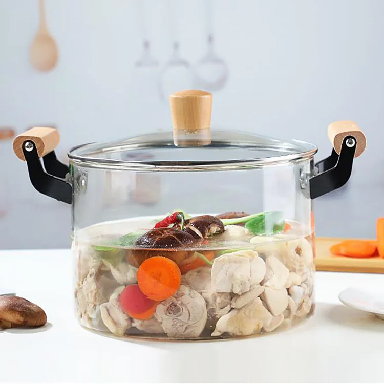 2022 Factory Price Wholesale Heat-resisting New Cookware Clear High Borosilicate Glass Cooking Pot With Wooden Handle Saucepan