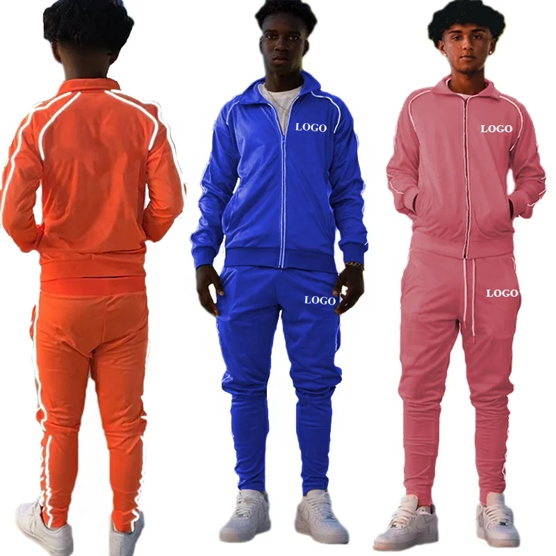 new design custom private label nylon reflective stripe 2 piece sets zipper jogging tracksuit for men