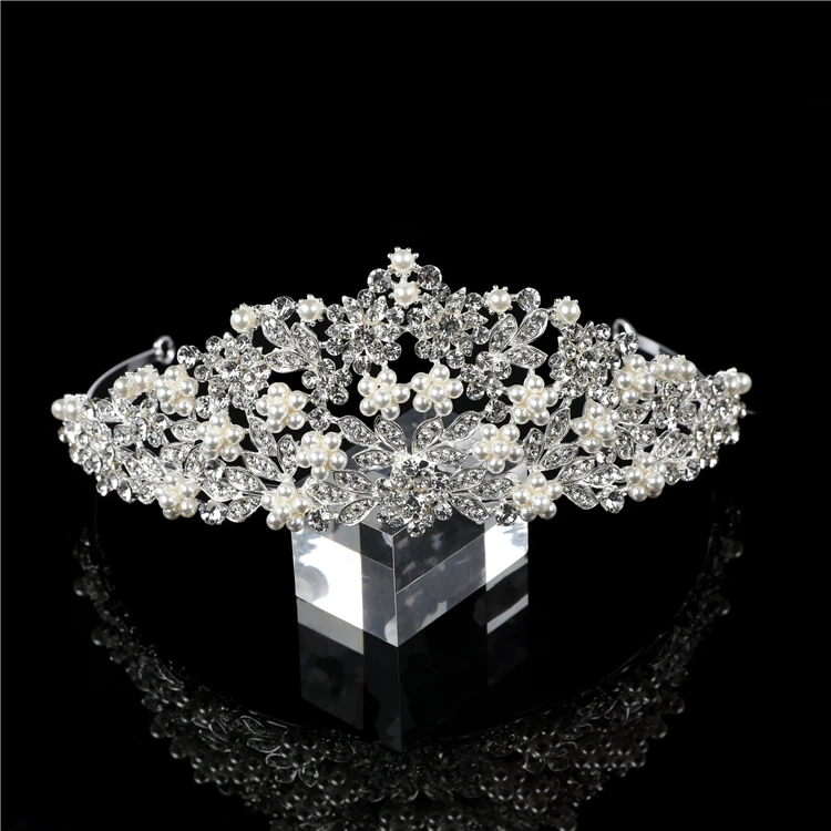 New High Quality Crystal Rhinestone Pearl Froal Wedding Headpiece Bridal Tiara Crown for Pageant