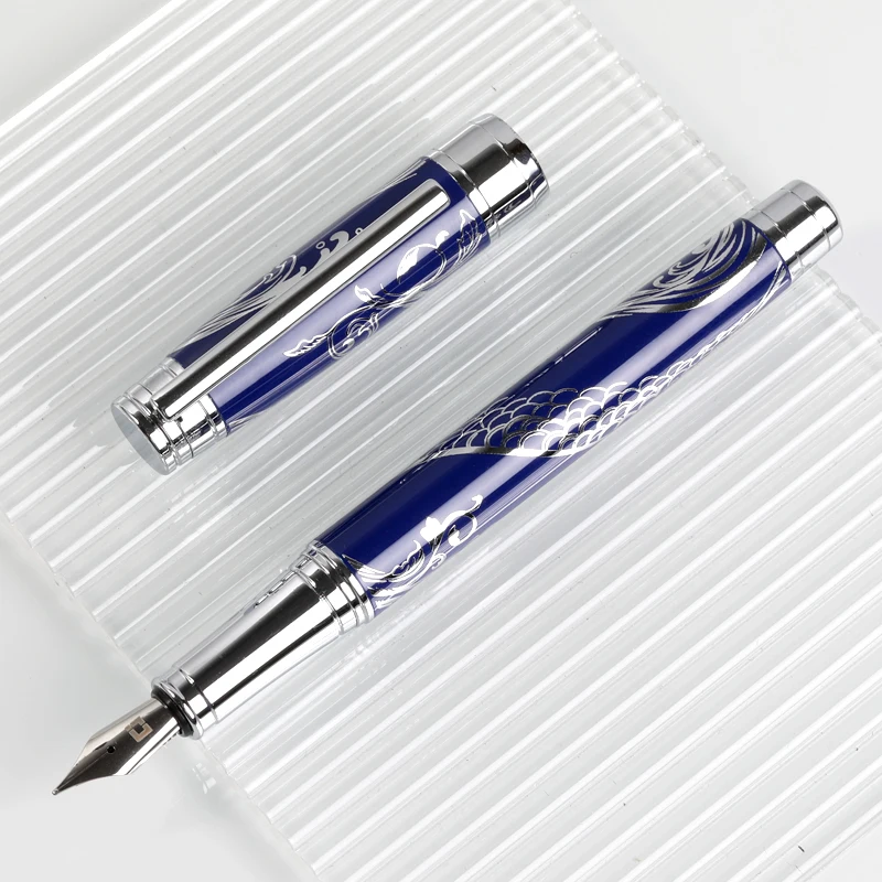 Luxury Blue Silver Fountain Pen Special Pattern Customer Pen Metal Fountain Pen Businessman Gift Office Tools Stationery Factory
