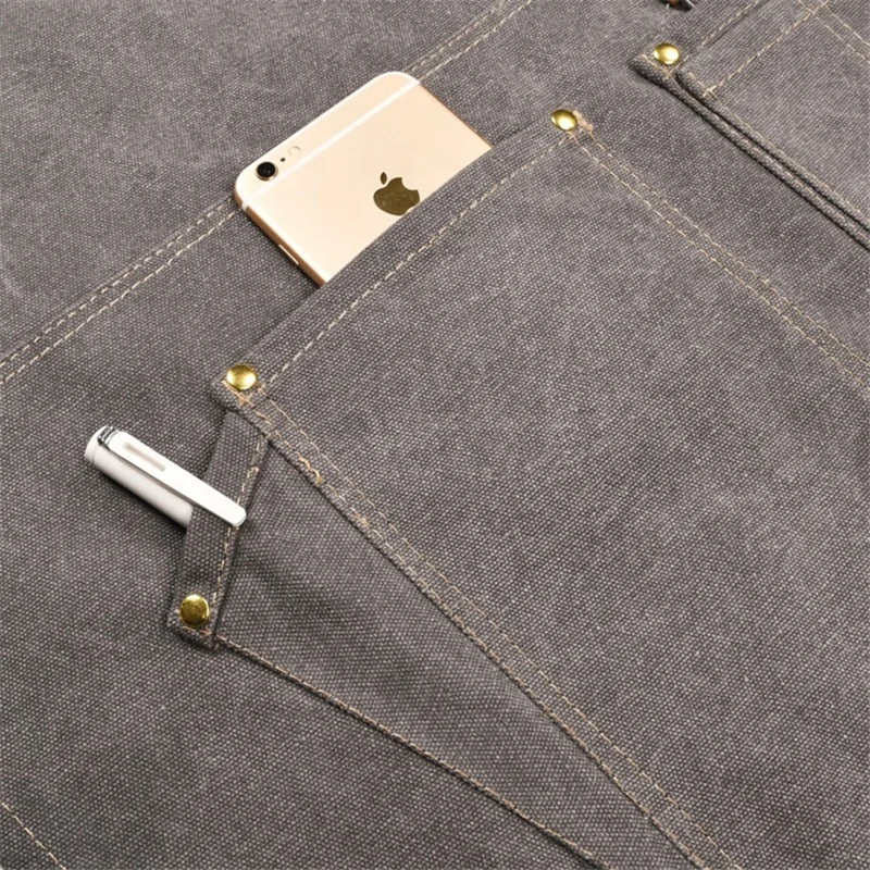 Fashion adult canvas kitchen leather shoulder strap brand apron custom logo bistro mesh aprons for compact spinning