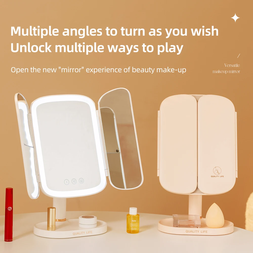 Oem Magnifying Led Makeup Mirror Screen Touch Led Lightes Trifold Magnification Foldable Makeup Mirror Espejo De Maquillaje