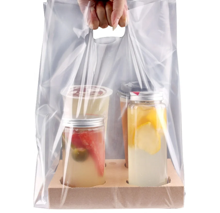 Biodegradable Hand Bags Disposable Bubble Tea Cup Holder Bag Corn Starch Plastic Bag Compostable