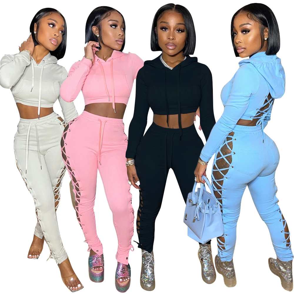  2021 winter fall two piece hooded long sleeve crop top sweater set hollow out eyelet bandage sexy women autumn outfits
