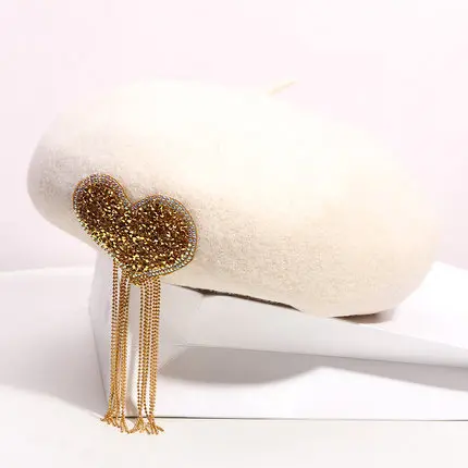 Custom Classy Rhinestone Bling Hat Women Love Pattern Diamond Tassel Wool Berets