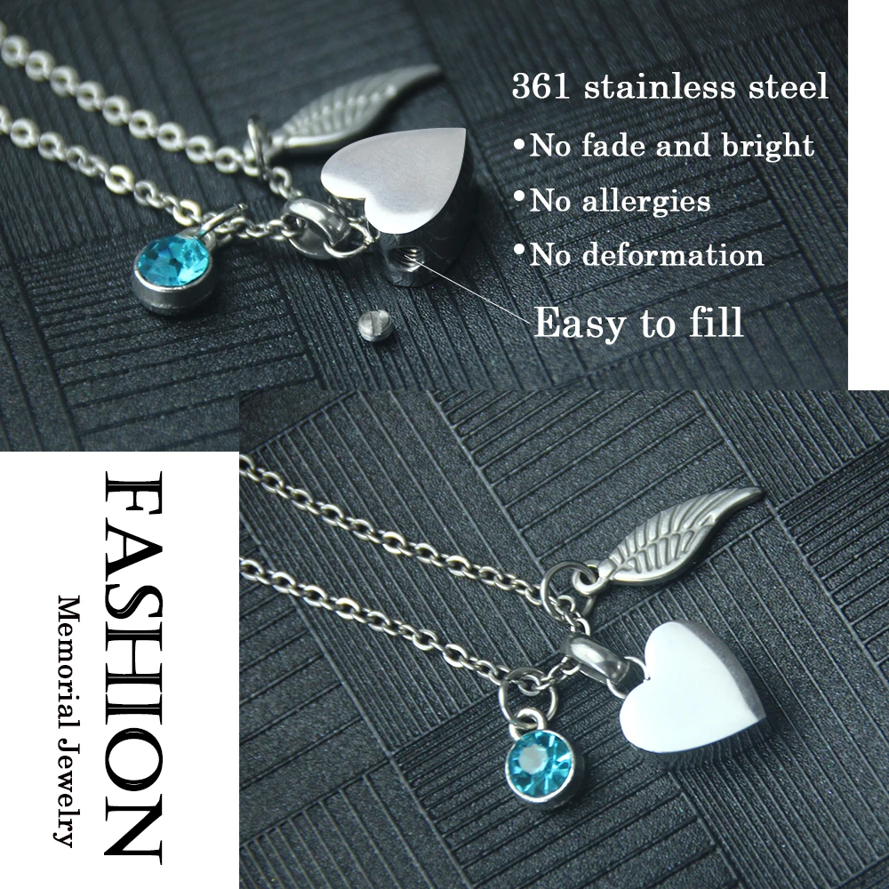 Heart with Angel Wings and Birthstone Pendant Necklace Cremation Urn Fashion Jewelry Keepsake Memorial for Human Pet Ashes