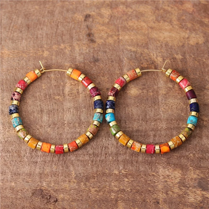 Ethnic Rainbow Natural Stone Jasper Tube Beads Hoop Earrings New Fashion Multi Colors Dangle Earrings Beach Jewelry Dropship