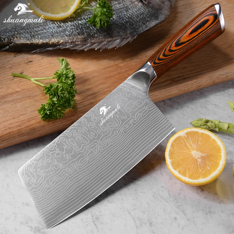 7inch Stainless Steel 5Cr15 With Laser Damascus  Pattern Chinese Kitchen Knife Cleaver  Knives With Pakka Wood Handle