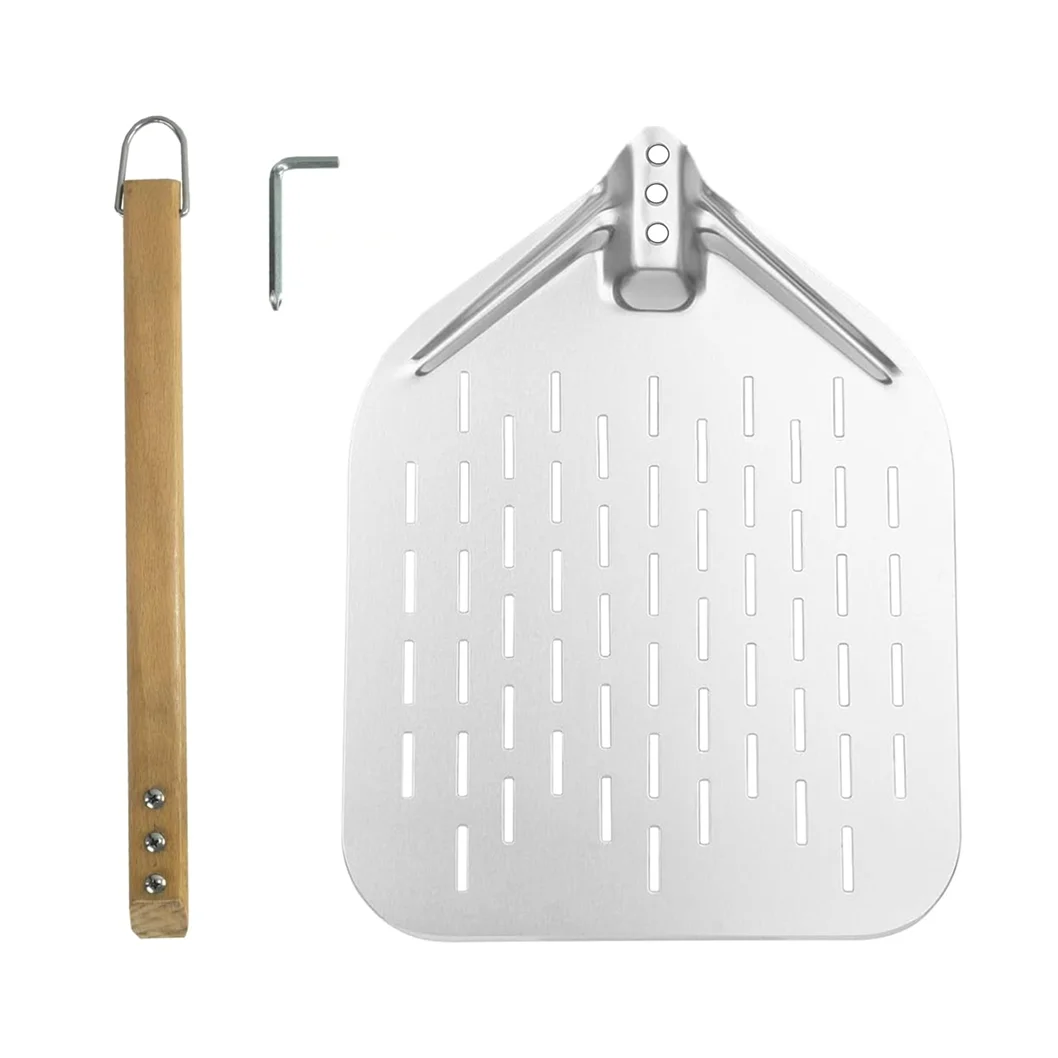 Premium 12 inch Lightweight Perforated Metal Anodized Aluminum Pizza Peel Shovel with Wood Handle Perfect for Homemade Pizza
