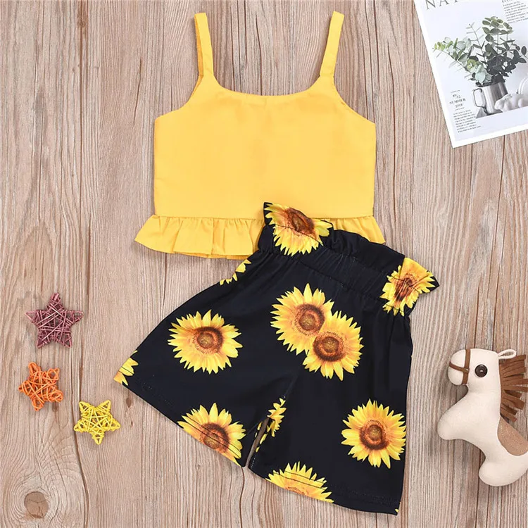 Модные летние наряды для маленьких девочек, комплект из двух предметов с принтом подсолнуха, эксклюзивные комплекты детской одежды для девочек