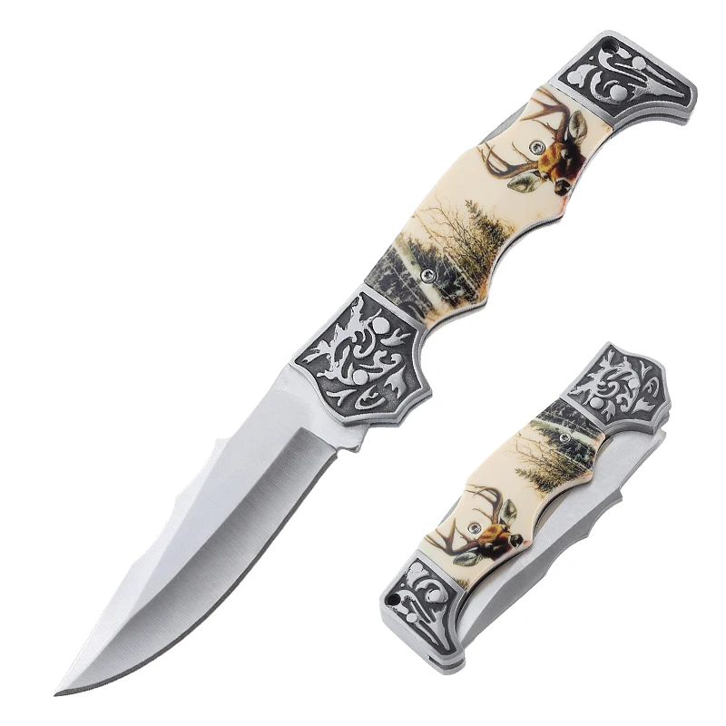 Wholesale custom 7cr17 steel elk ABS handle pattern pocket hunting knife outdoor camping gift survival folding tactical knife