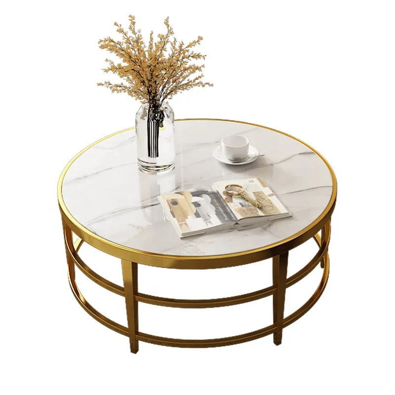 Nordic stainless steel glass coffee table round metal frame living room side table