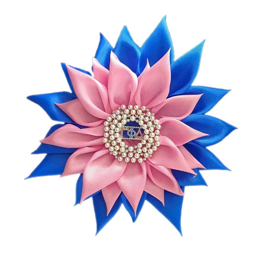 Baby Pink and Blue Gamma Phi Delta Sorority Satin Ribbon Brooch with Pearls