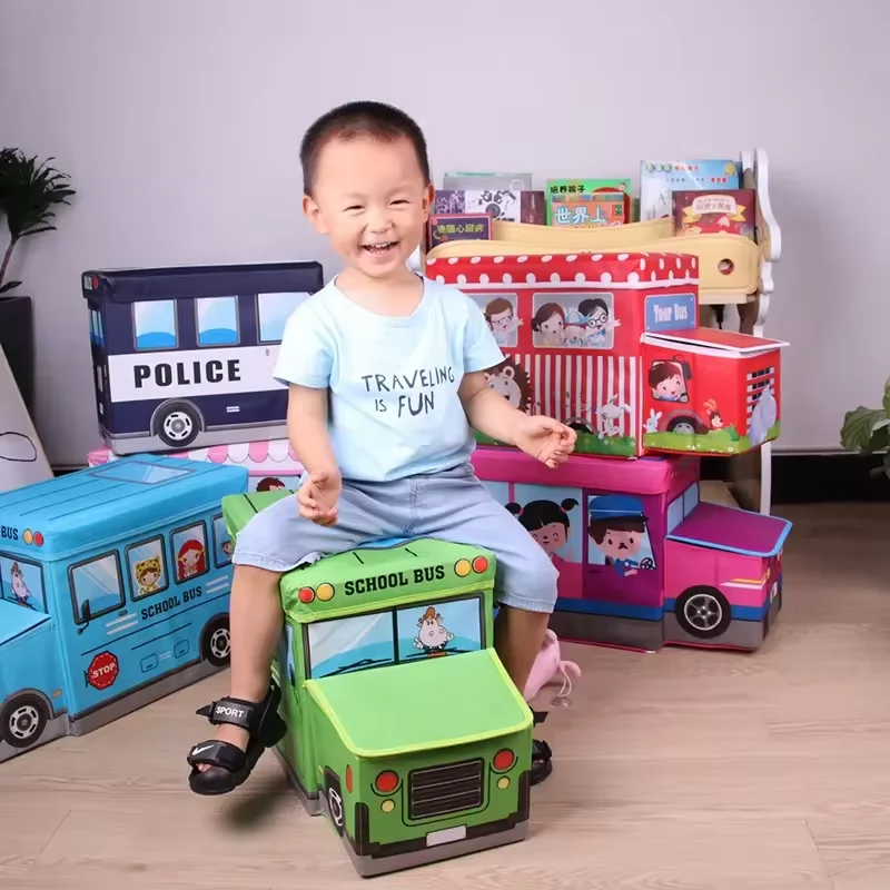 Cartoon Car  Non-woven Storage Box Folding Ottoman Of Kids School Bus Storage Stool