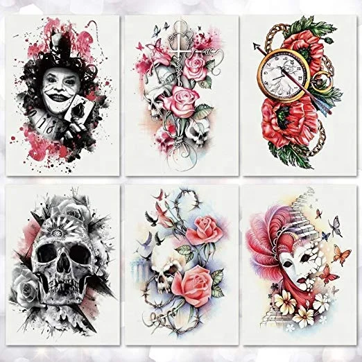 1Set(4pcs)Half Arm Skull Rose Halloween Poker CMYK Temporary Party Decoration Body Art Tattoo Sticker