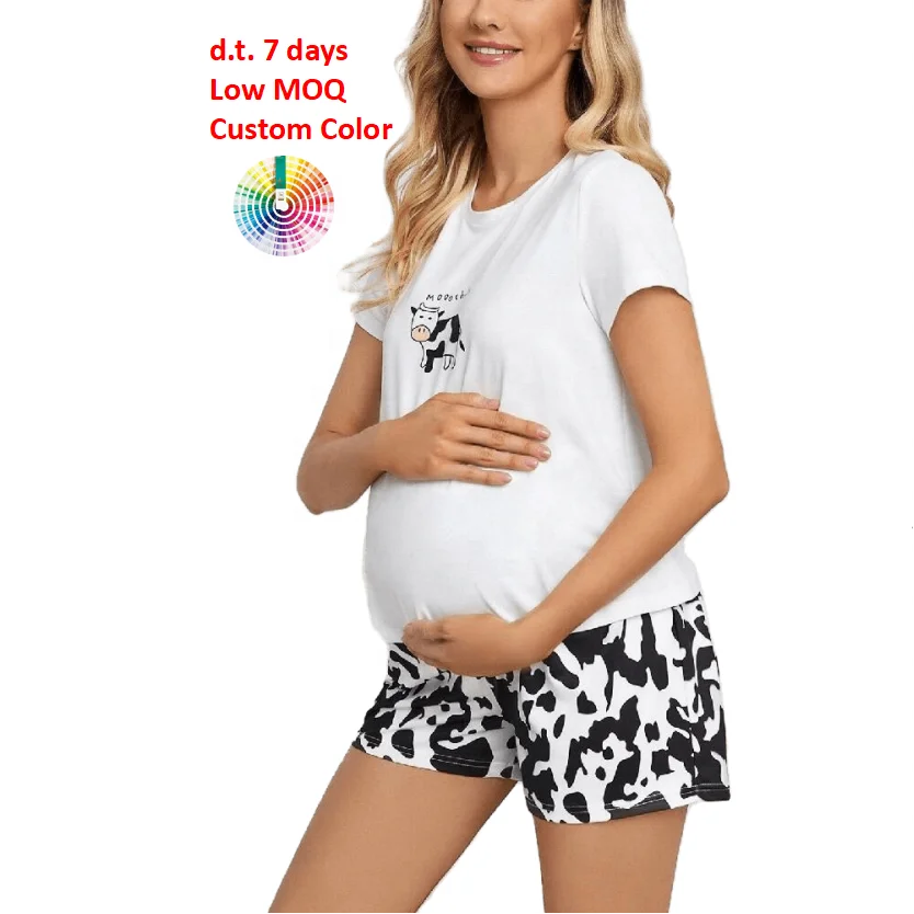 
M045 Wholesale Cow Letter Graphic Pajamas Maternity Nighty Loungewear Short Sets 