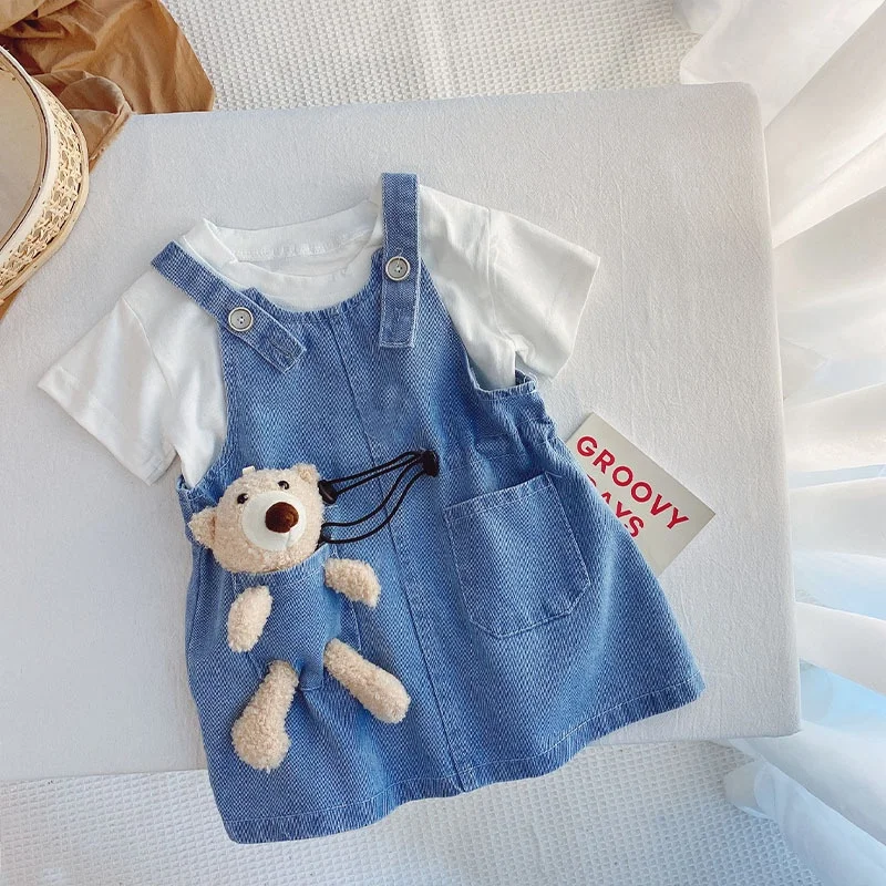 
Toddler Baby Girls White Short Tops Denim Suspender Pants Children Clothes Outfits For Girl 