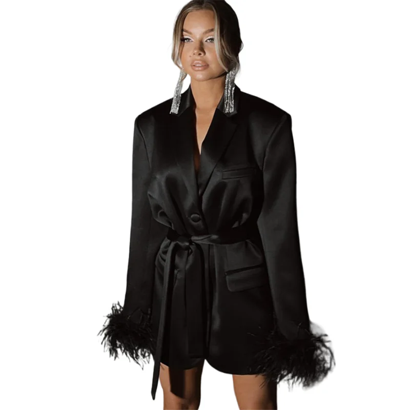 2023 Early autumn new fashion temperament suit collar ostrich hair long sleeve dress with waist advanced sense A-line skirt
