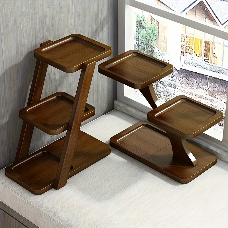 Desktop Plant Stand Indoor Bamboo Mini 3 Tiered Windowsill Shelf Desk Tabletop Shelf Holder Desk Organizer Display Rack
