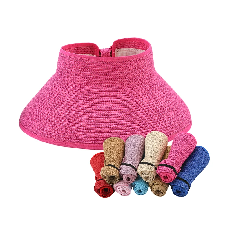 Women Portable Paper Straw Visor Cap Sun Beach Wide Brim Hat Airtop Visor Foldable Straw Hats
