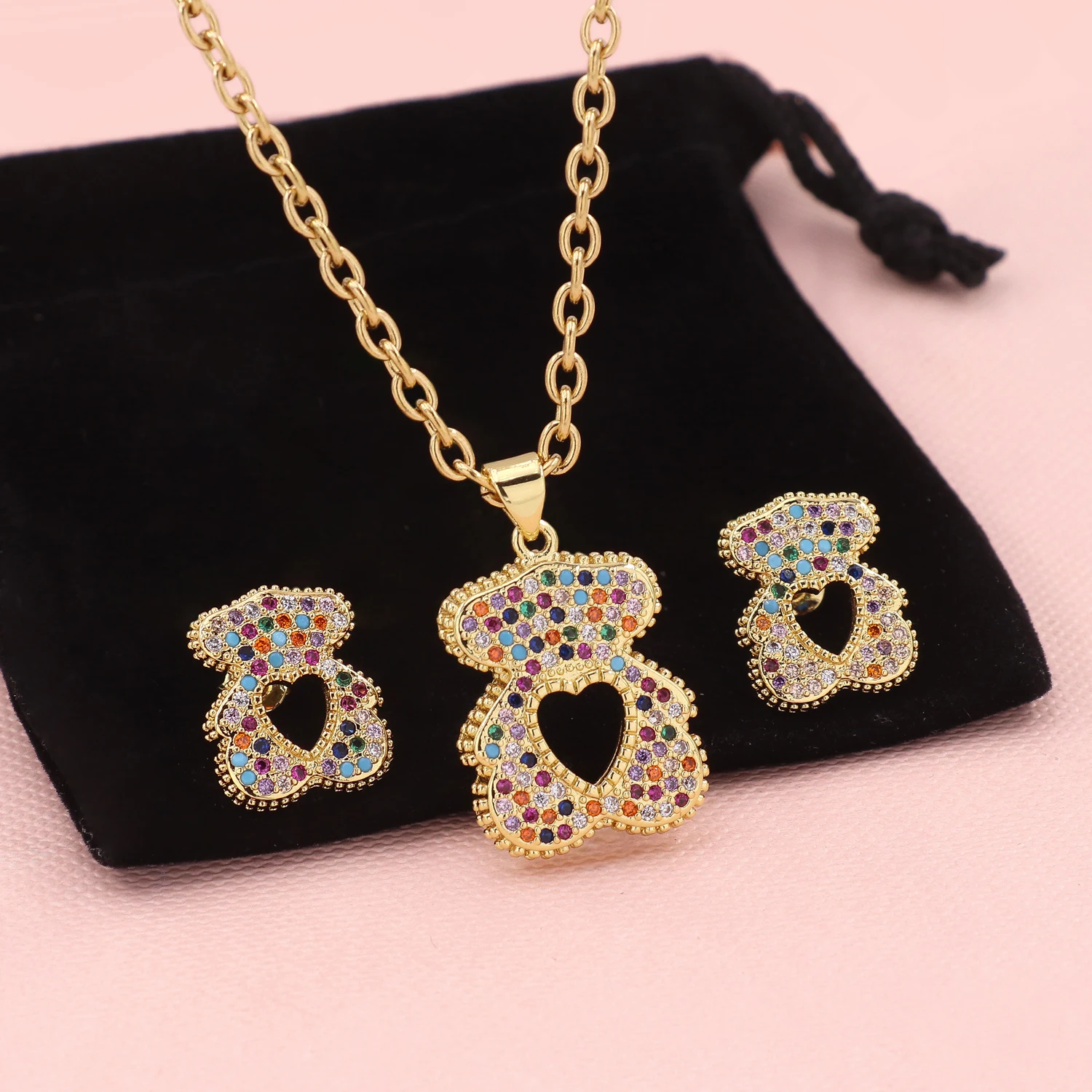 Ask for bear Catalog Stainless Steel Zircon Necklace Earrings Jewelry Set Gold Silver Hollow Heart Shape Chain Link Wholesale