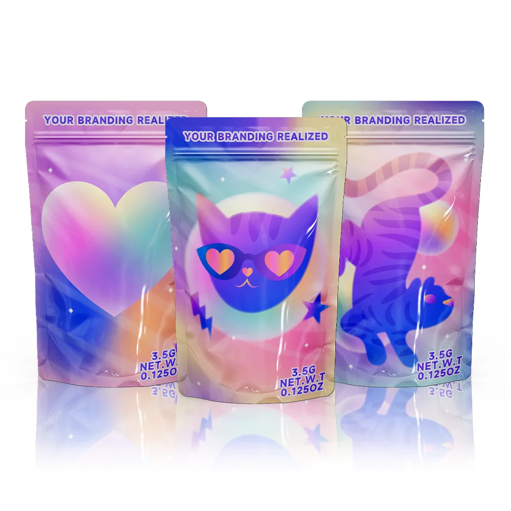 Custom Plastic Holographic Aluminum Foil Ziplock Resealable Mylar Bag Stand Up Pouch Edible Packaging with My Logo
