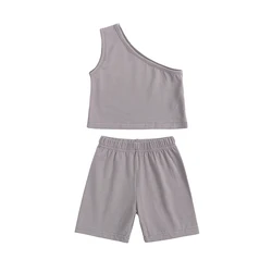 2023 new arrivals kids designers clothes solid color one shoulder child fashion clothing crop tops for teen girls