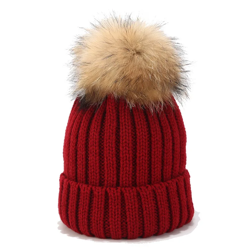 Thick Warm Adult Natural Raccoon Fur Ball Winter solid color Hat Women Knitted Pom Pom wool Beanies
