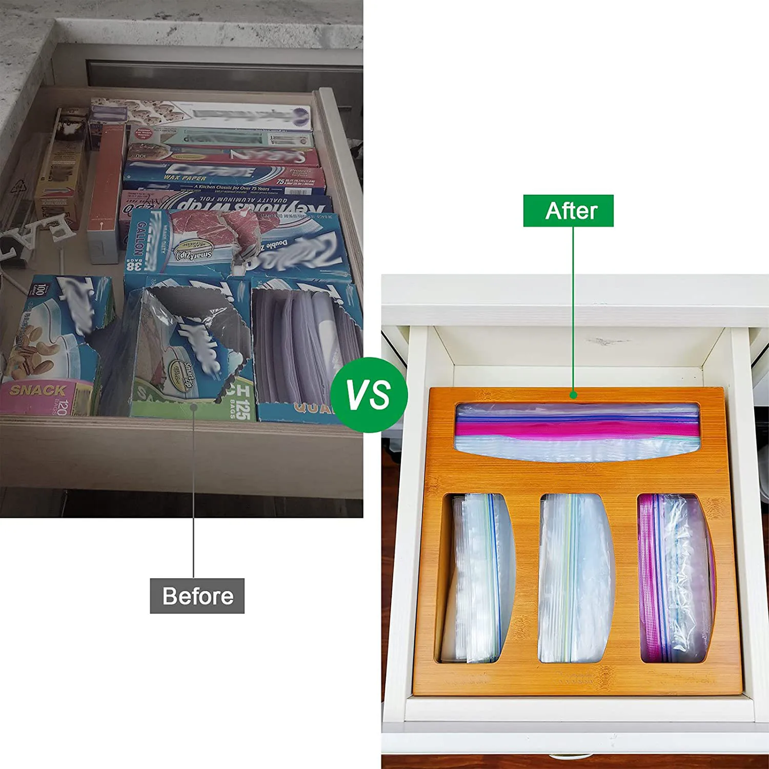 Kitchen Drawer Gallon, Quart, Sandwich  Snack Variety Size  Bamboo Ziplock Bag Storage Organizer