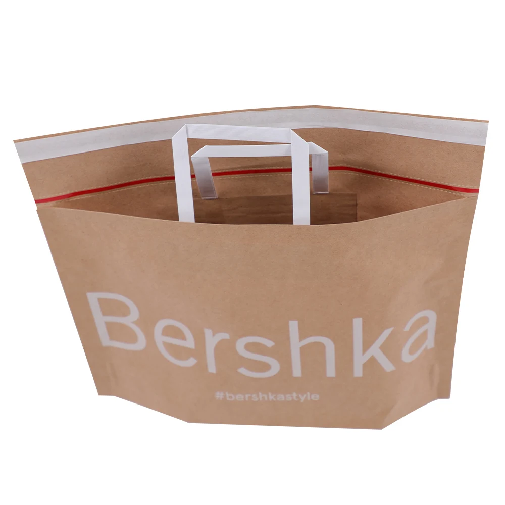 Biodegradable Tote Bag Kraft Paper Handbag Portable Shipping Packaging Handle Bag With Self Adhesive For E-commence Delivery