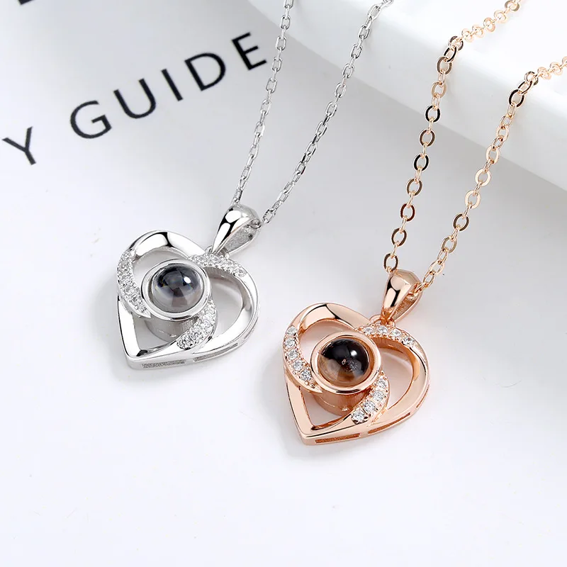 Gold Plated Stainless Steel Jewelry Fashionable I Love You 100 language Custom Photo Projection Heart Pendant Necklace For Women