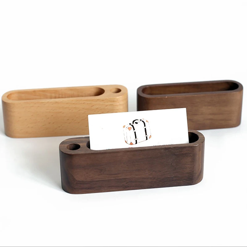 2023 New Wood Business Card Holder with Pen Slot for Desk Wooden Display Business Memo Pad Cards Stand Box for Office Tabletop