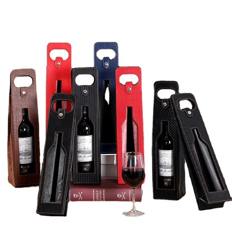 factory wholesale custom high quality PU leather wine bottle bag Hot sale single bottle pack leather wine bag with window