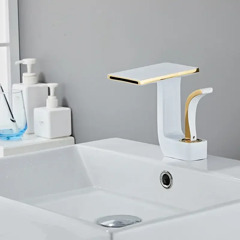Modern Luxury White and Gold Faucet Sink Brass Unique Design Waterfall Basin Mixer Tap Bathroom