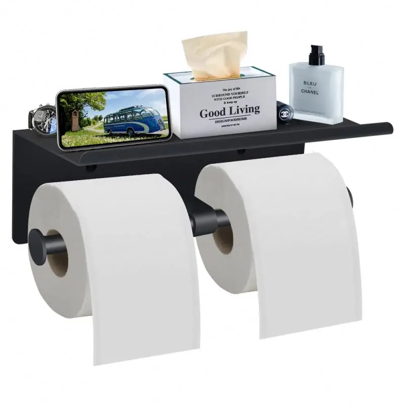 Double Toilet Paper Holder with Shelf Polished Chrome SUS304 Stainless Steel Contemporary Bathroom Tissue Roll Holder Cell Phone
