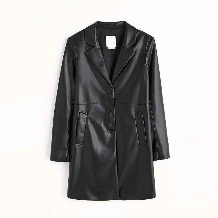 OEM Custom High Quality Ladies Long Pu Leather jackets Turn Down Collar Button Outdoor Winter Wear Lady Long Coat Jackets