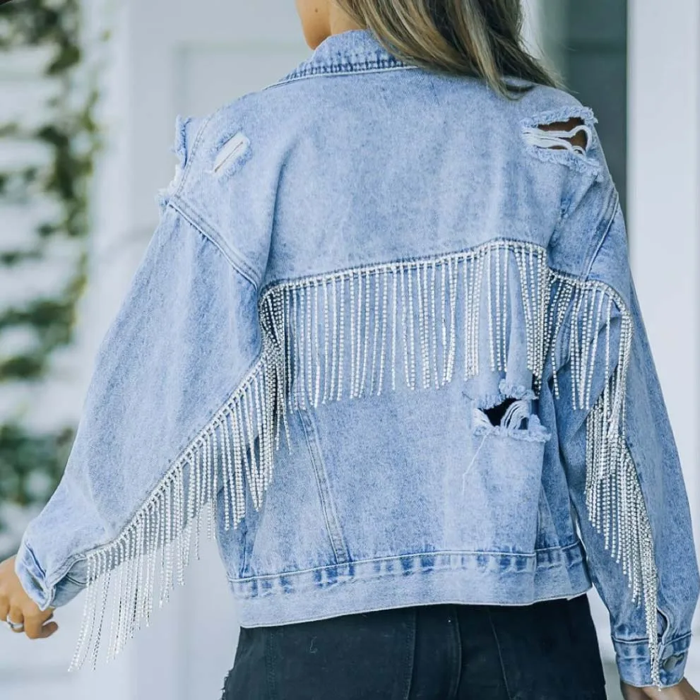 Прямая поставка женские джинсы с бахромой Короткие топы Повседневная Свободная джинсовая куртка со стразами на заказ