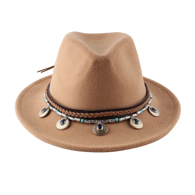Hot Sale Fashion Autumn Winter Wool Felt Ribbon Rope Jazz Bowler Hat for