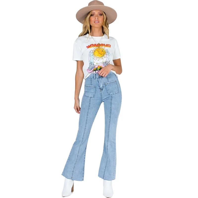 2022 European and American new style flared jeans stretch denim mid-waist slim slim denim trousers women