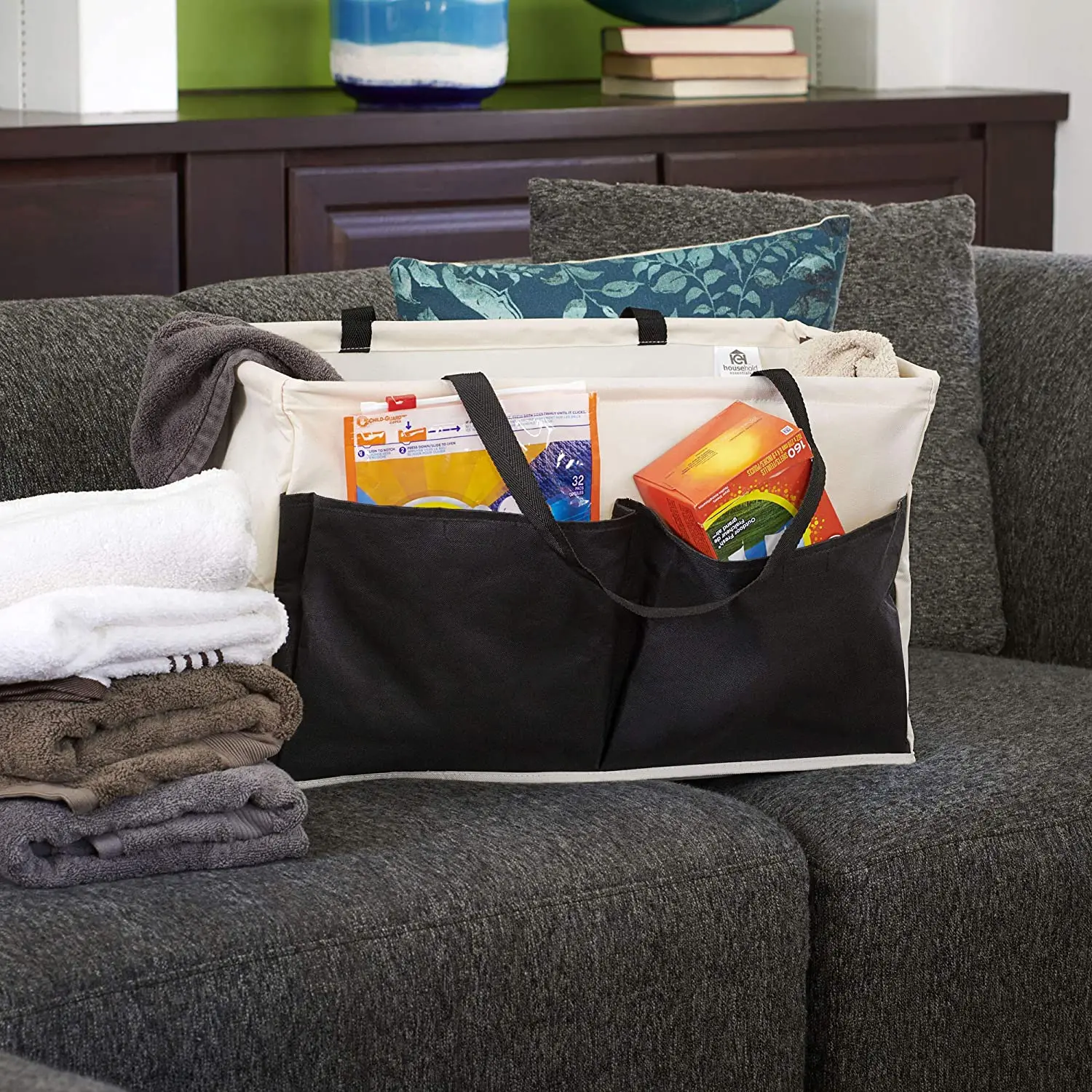 Collapsible and water resistant Natural Cotton Canvas Utility Tote Bag with Pockets Reusable Grocery Bag Black