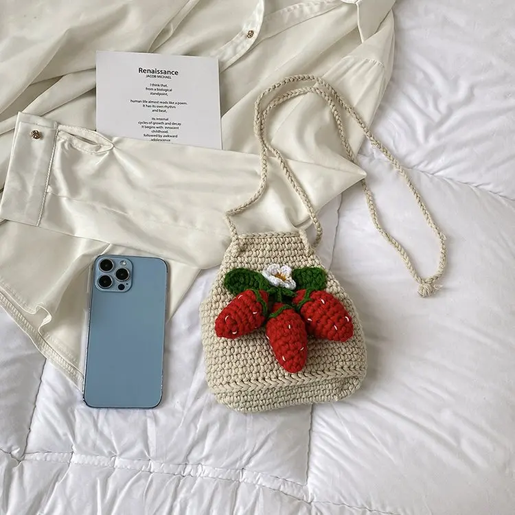fashion wholesale handmade weave cute handbag crossbody or single shoulder strawberry knitting crochet bag purse for women girl