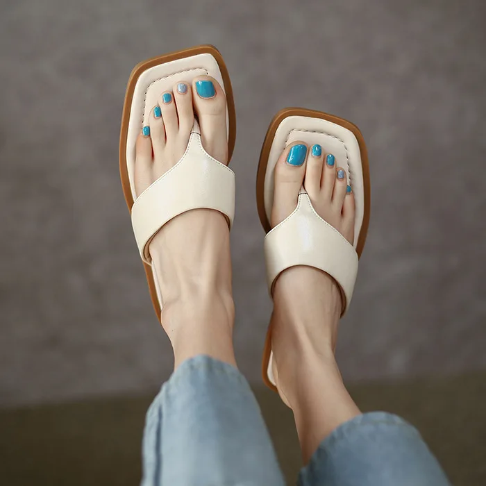 Korea Fashion Ladies Square Toe Thongs Slippers Sandals Wholesale Summer Rubber Slides PU Outdoor Flip Flops Women