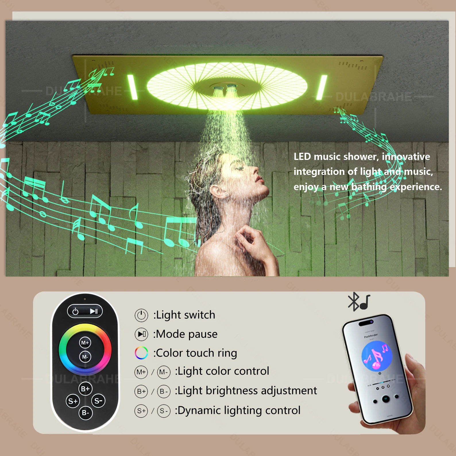 DULABRAHE 2024 New Luxury Thermostatic Gold LED Shower System Bathroom Ceiling Rain Waterfall Digital Display Shower Set