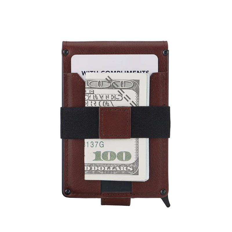 Full Grain Leather Fashion Aluminum Wallet Pop up Wallet Minimalist Credit Card Holder with Gift Box